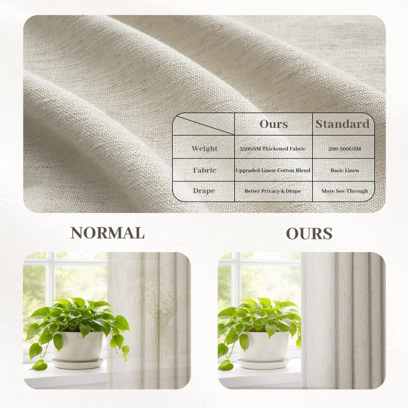Drapenova Oatmeal Taupe Linen Sheer Curtains 96 Inches Long for Living Room 2 Panels Back Tab Pinch Pleated Drapes with Hooks Rings Light Filtering Burlap Farmhouse Ceiling Custom Made Memory Trained Curtain - Image 5