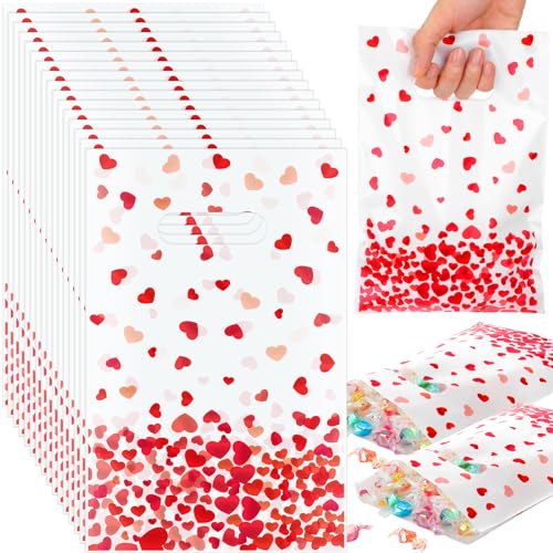 GliCraft 100 Pcs Mother's Day Heart Gift Bags with Handle 9.84'' x 6.5'' Plastic Falling Heart Design Treat Goodie Bags for Mother's Day Gifts Wrapping Wedding Party Favors Supplies Decoration - Image 1