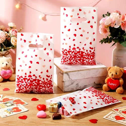 GliCraft 100 Pcs Mother's Day Heart Gift Bags with Handle 9.84'' x 6.5'' Plastic Falling Heart Design Treat Goodie Bags for Mother's Day Gifts Wrapping Wedding Party Favors Supplies Decoration - Image 4