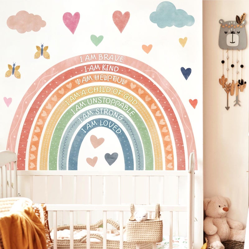 HATARU Large Rainbow Wall Stickers Kids Inspirational Wall Decal Peel and Stick Boho Rainbow Walls Decals for Baby Girls Bedroom Pastel I Am Motivational Art Mural for Nursery Playroom Decor 44.5"x73.4" - Image 2