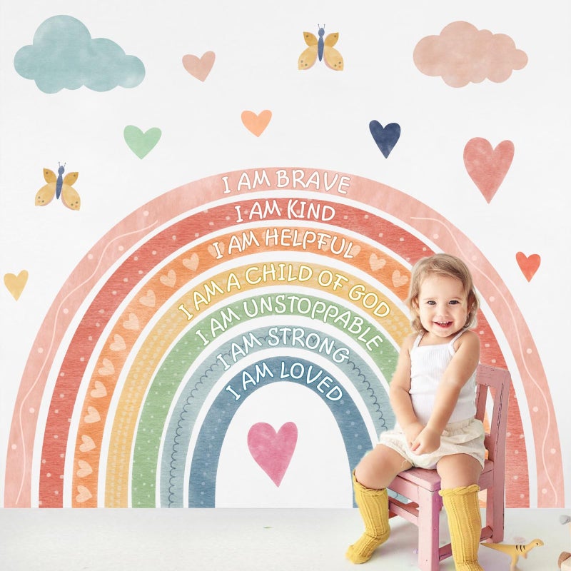HATARU Large Rainbow Wall Stickers Kids Inspirational Wall Decal Peel and Stick Boho Rainbow Walls Decals for Baby Girls Bedroom Pastel I Am Motivational Art Mural for Nursery Playroom Decor 44.5"x73.4" - Image 1