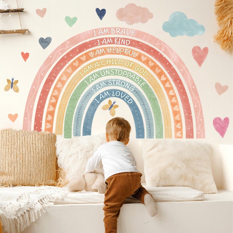 HATARU Large Rainbow Wall Stickers Kids Inspirational Wall Decal Peel and Stick Boho Rainbow Walls Decals for Baby Girls Bedroom Pastel I Am Motivational Art Mural for Nursery Playroom Decor 44.5"x73.4" - Image 5