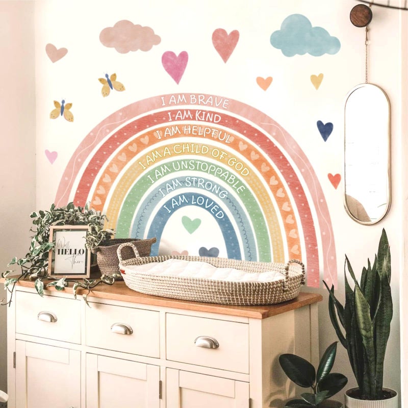 HATARU Large Rainbow Wall Stickers Kids Inspirational Wall Decal Peel and Stick Boho Rainbow Walls Decals for Baby Girls Bedroom Pastel I Am Motivational Art Mural for Nursery Playroom Decor 44.5"x73.4" - Image 3