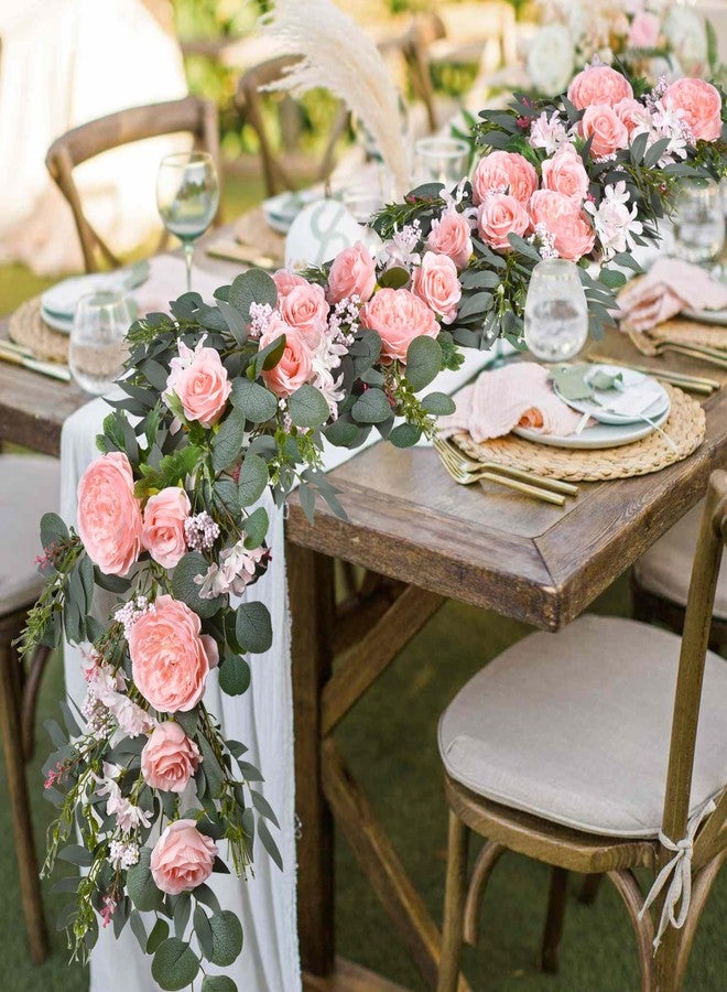 DearHouse 2Pcs Artificial Peony Flower Garland and - Silk Peony Garland with Flowers and Eucalyptus for Wedding Party Table Decoration,6ft/Strand (Pink) - Image 3