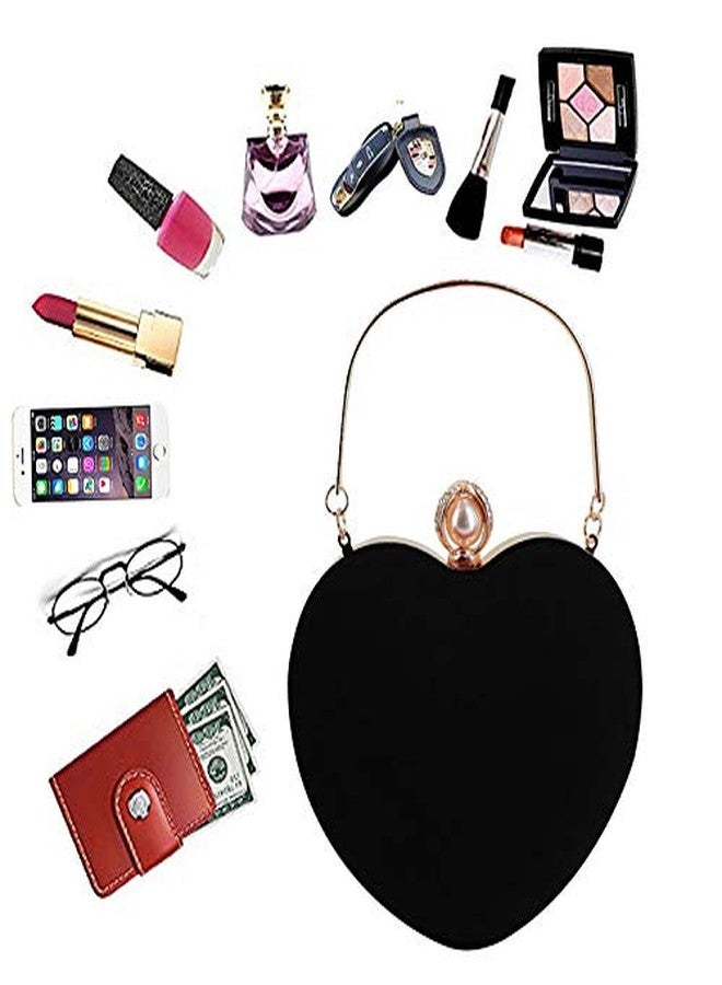 AISI Heart Shape Clutch Bag Diamond & Pearl Messenger Shoulder Handbag Wedding Purse Black One Size - Image 3