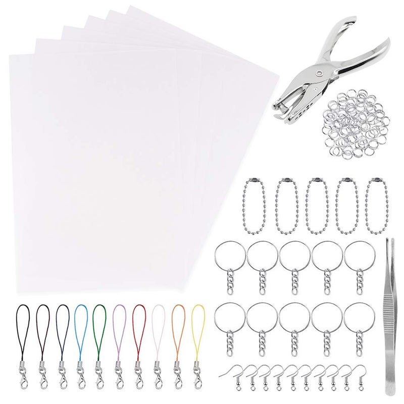 Anvin 157 Pcs Heat Shrink Plastic Sheet Kit Shrinky Art Film Paper 20 Pcs with 135 Pcs Keychains Accessory Ear Hooks Chain Beads Lobster Clasps and Hole Punch Tweezer for DIY Handmade Craft
