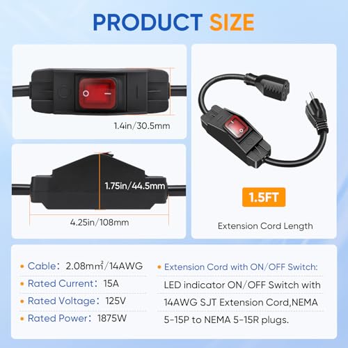 XINYIELE Outdoor Extension Cord with On/Off Waterproof Switch, 15A 125V Grounded 3-Prong Plug, Heavy Duty 1875W Short Outdoor Extension Cord for Lights,Black 14/3 SJTW Switch Cord,Outdoor Light Control(1.5FT - Image 2