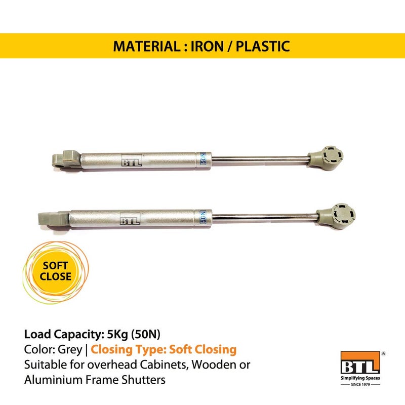 BTL Gas Spring Soft Close Lift Stay Hydraulic Cabinet Support Pneumatic Flap Strut Capacity 5 kg Pack of 1 Pair BCFG50SC - Image 2