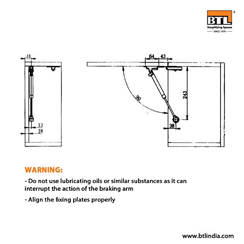 BTL Gas Spring Soft Close Lift Stay Hydraulic Cabinet Support Pneumatic Flap Strut Capacity 5 kg Pack of 1 Pair BCFG50SC - Image 4