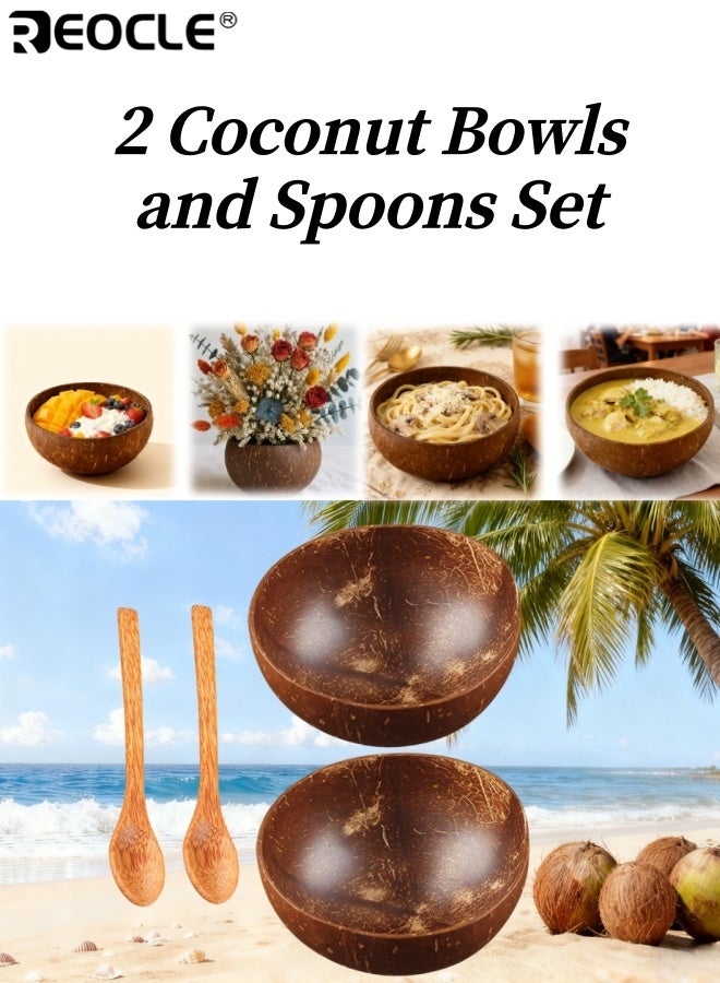 REOCLE 2 Natural Coconut Bowls and Spoons Set Eco Friendly Sustainable Acai Smoothie Bowl Noodle Ramen Bowls Lightweight Durable and Easy Clean for Healthy Eating and Home Dining - Image 1