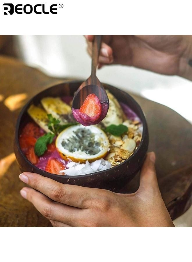 REOCLE 2 Natural Coconut Bowls and Spoons Set Eco Friendly Sustainable Acai Smoothie Bowl Noodle Ramen Bowls Lightweight Durable and Easy Clean for Healthy Eating and Home Dining - Image 2