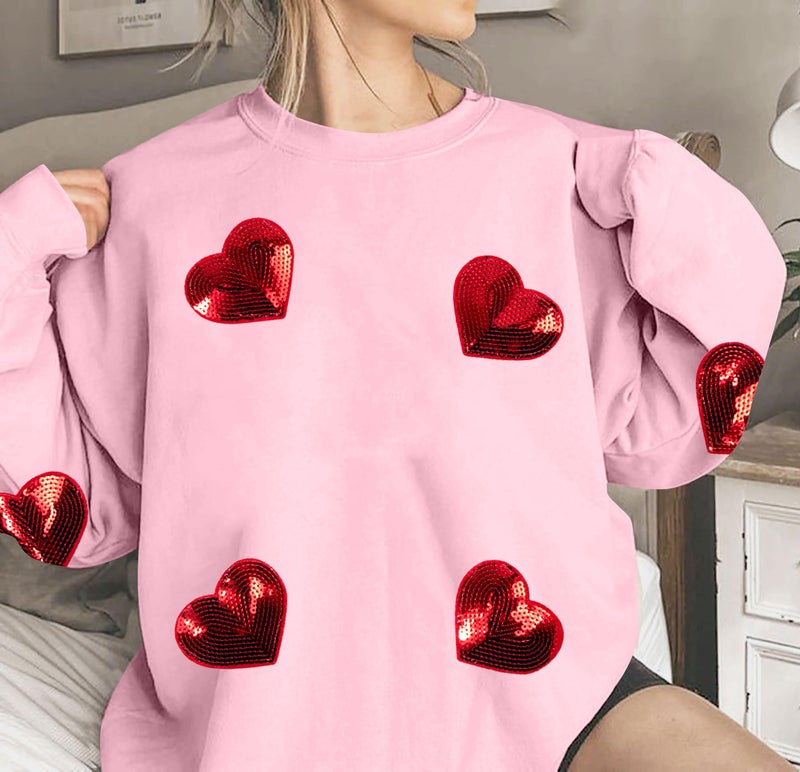 MAXIMGR Valentines Sweatshirt Women Teacher Valentine Shirts sequin Love Heart Graphic Tee Valentine's Day Gift Pullover - Image 2