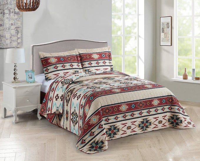 RUSTIC STRIPED SOUTHWESTERN QUILT STITCHED WESTERN BEDSPREAD BEDDING SET WITH BEIGE BROWN BURGUNDY TURQUOISE TRIBAL NATIVE AMERICAN PATTERNS COLORADO FULLQUEEN