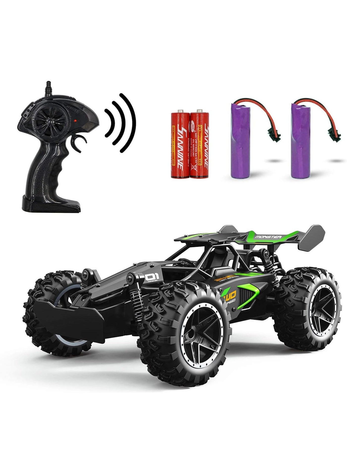RC Car 1:18 4WD High Speed Off-Road Remote Control Car 20KM/H, 2.4GHz Rechargeable Monster Truck Toy with LED Lights, Shockproof All-Terrain Buggy for Kids Ages 6+ Boys & Girls, Birthday Gift – Black & Green