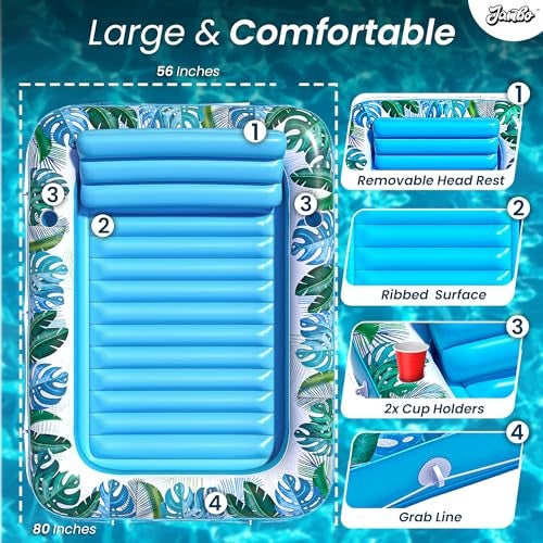 JAMBO XXL Inflatable Tanning Pool Lounger Float, 80 x 56 Sun Tanning Pool Float with Pillow Water Lounge Raft Pool Floatie for Adults Tanning Raft Pool Tub Water Tanning Bed Kiddie Pool Tanning Floats - Image 4