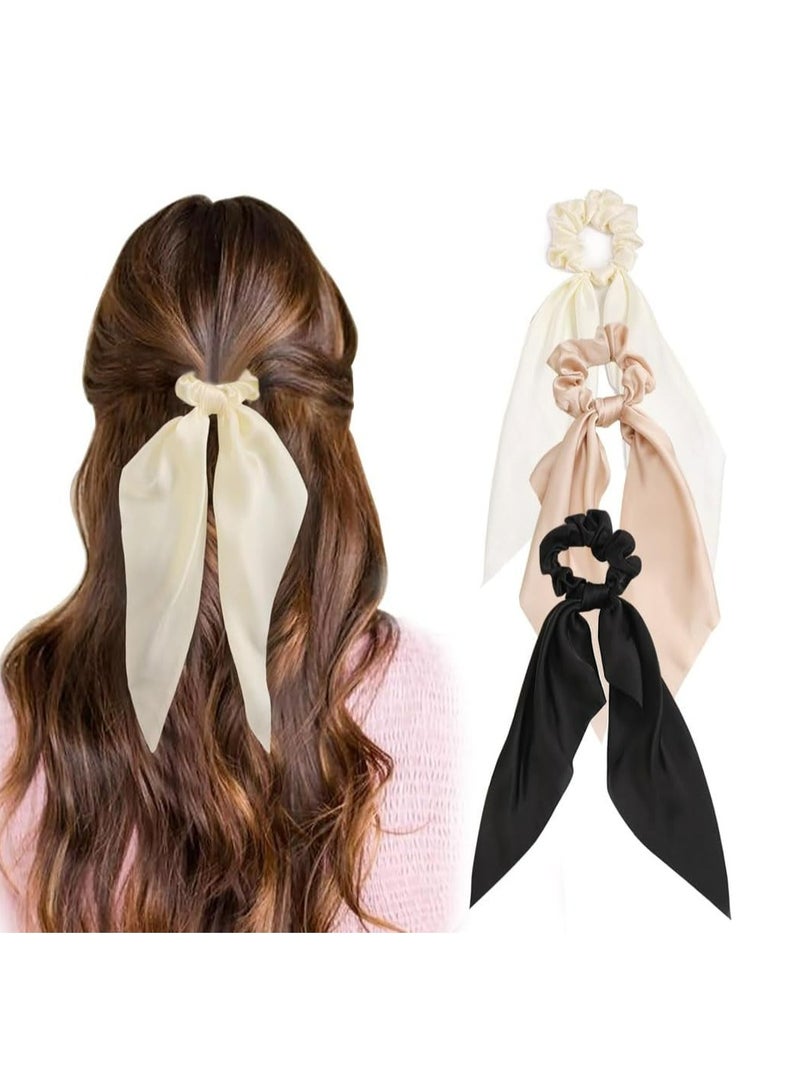 Oasisgalore 3 Pcs Satin Scarf Knotted Hair Scrunchies with Long Tail, Elastic Bow Hair Bands for Women & Girls  - Image 1