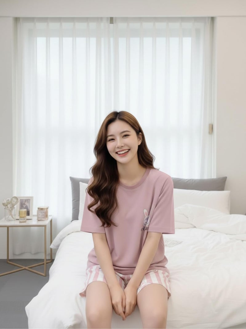 Celary Korean Style Women Cute Printed Night Suit Set | Soft Cotton Blend T-Shirt & Pyjama | Rabbit Design | Summer Sleepwear for Ladies - Image 4