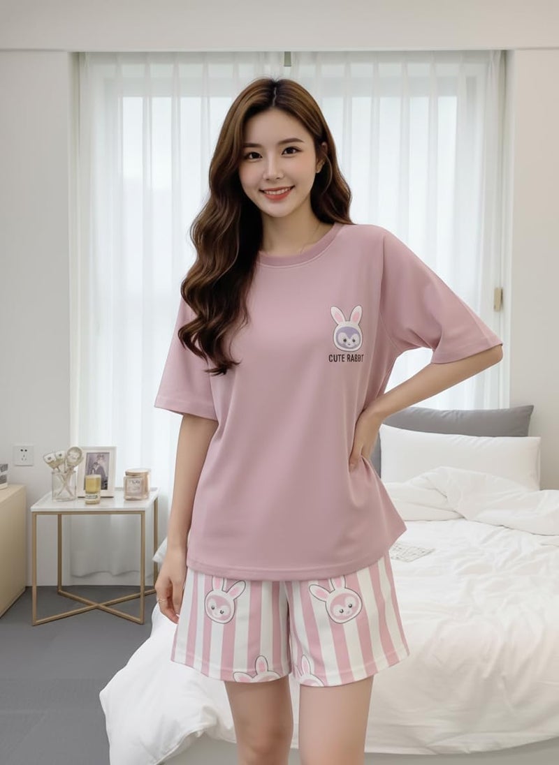 Celary Korean Style Women Cute Printed Night Suit Set | Soft Cotton Blend T-Shirt & Pyjama | Rabbit Design | Summer Sleepwear for Ladies - Image 2