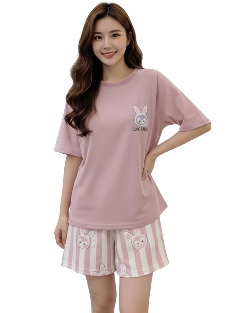 Celary Korean Style Women Cute Printed Night Suit Set | Soft Cotton Blend T-Shirt & Pyjama | Rabbit Design | Summer Sleepwear for Ladies - Image 1