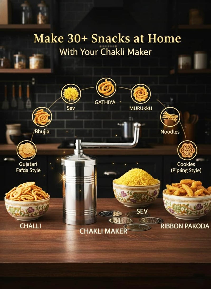faas Chakli Press Maker Machine for Kitchen Tools/Sancha/Murukku/Bhujia/Idiyappam/noolputtu/Sevanazhi Sevaiya/janthikalu/bhujia Stainless Steel/Making Different Types/Free 6 Different Jalis. - Image 4