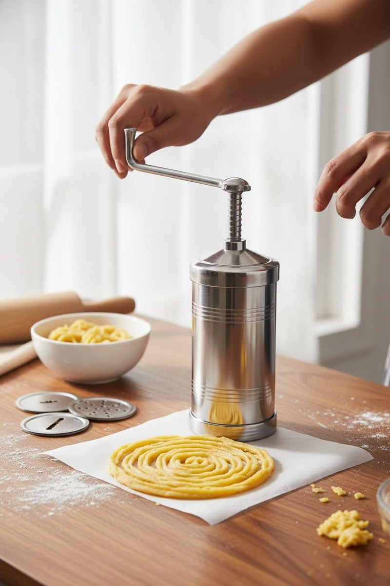 faas Chakli Press Maker Machine for Kitchen Tools/Sancha/Murukku/Bhujia/Idiyappam/noolputtu/Sevanazhi Sevaiya/janthikalu/bhujia Stainless Steel/Making Different Types/Free 6 Different Jalis. - Image 5