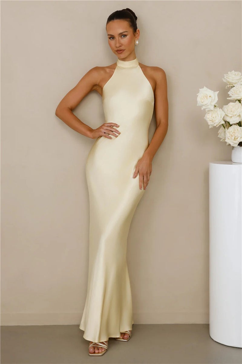 Women's 2025 Summer Satin Long Dress with Halter Neck Tie-Front Slim Fit