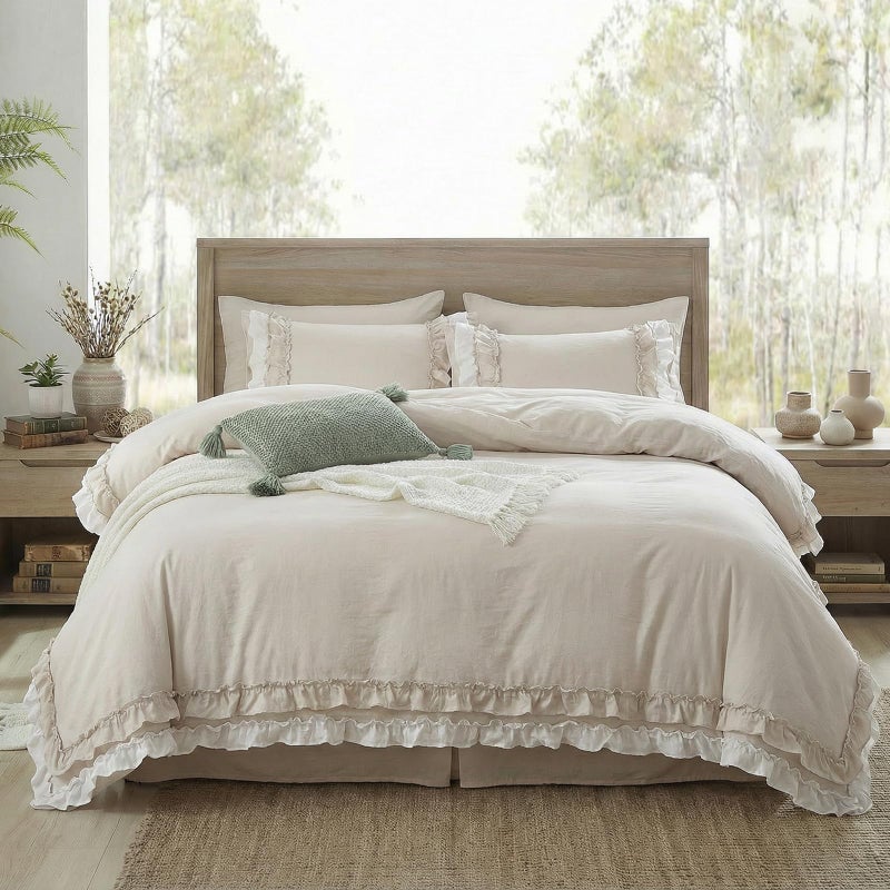 Bedorm Beige Duvet Cover Set Queen Ruffle Bedding Set Pleat Ruffled Shabby Chic Comforter Cover Extra Soft & Easy Care White Boho Duvet Cover with Zipper Closure - Image 1