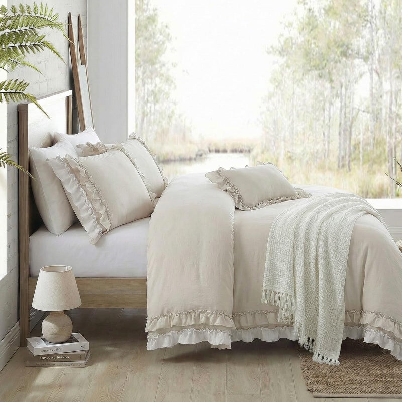 Bedorm Beige Duvet Cover Set Queen Ruffle Bedding Set Pleat Ruffled Shabby Chic Comforter Cover Extra Soft & Easy Care White Boho Duvet Cover with Zipper Closure - Image 2