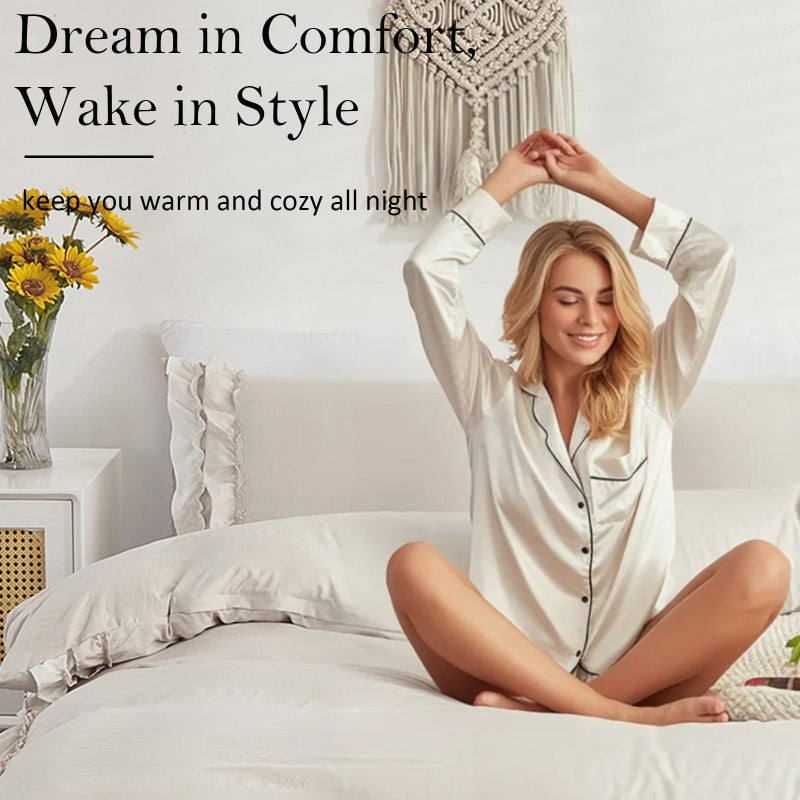 Bedorm Beige Duvet Cover Set Queen Ruffle Bedding Set Pleat Ruffled Shabby Chic Comforter Cover Extra Soft & Easy Care White Boho Duvet Cover with Zipper Closure - Image 3