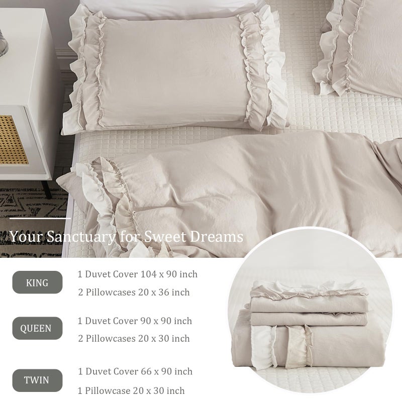Bedorm Beige Duvet Cover Set Queen Ruffle Bedding Set Pleat Ruffled Shabby Chic Comforter Cover Extra Soft & Easy Care White Boho Duvet Cover with Zipper Closure - Image 5