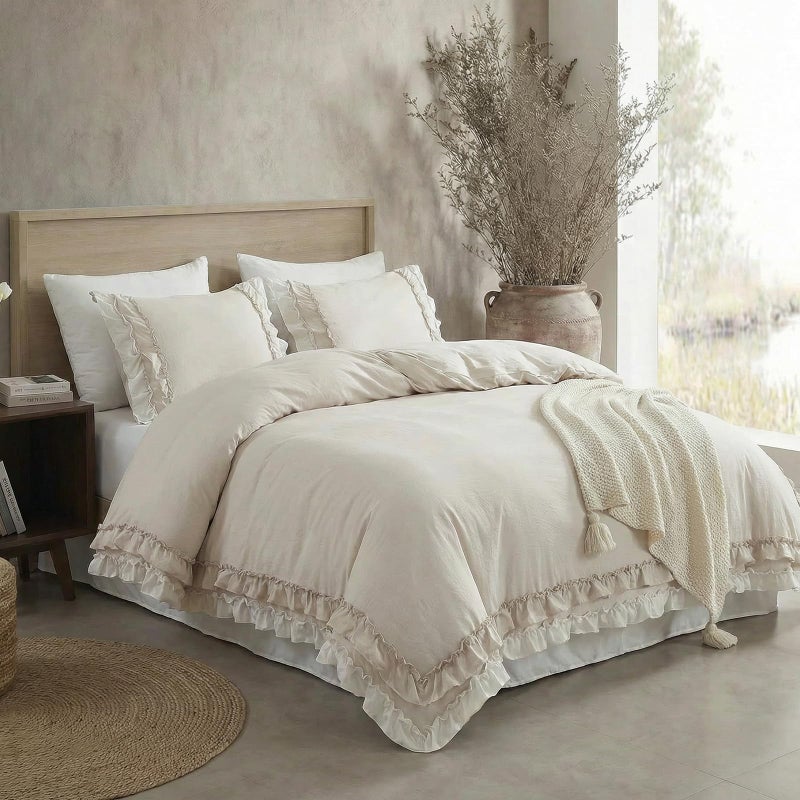 Bedorm Beige Duvet Cover Set Queen Ruffle Bedding Set Pleat Ruffled Shabby Chic Comforter Cover Extra Soft & Easy Care White Boho Duvet Cover with Zipper Closure - Image 4