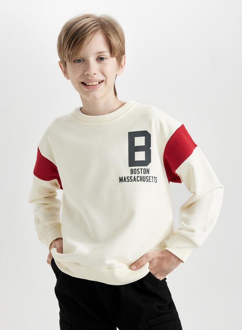 DeFacto Ecru Crew Neck Back Printed Thick Sweatshirt  - Image 1