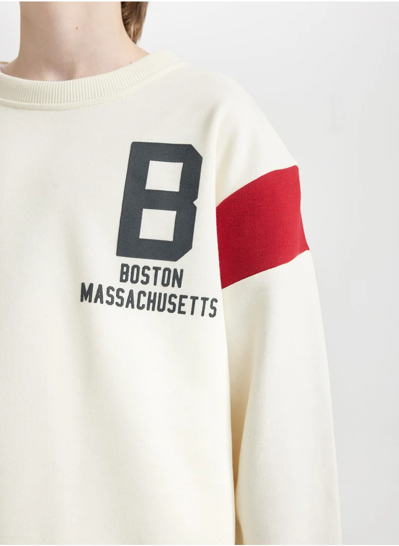 DeFacto Ecru Crew Neck Back Printed Thick Sweatshirt