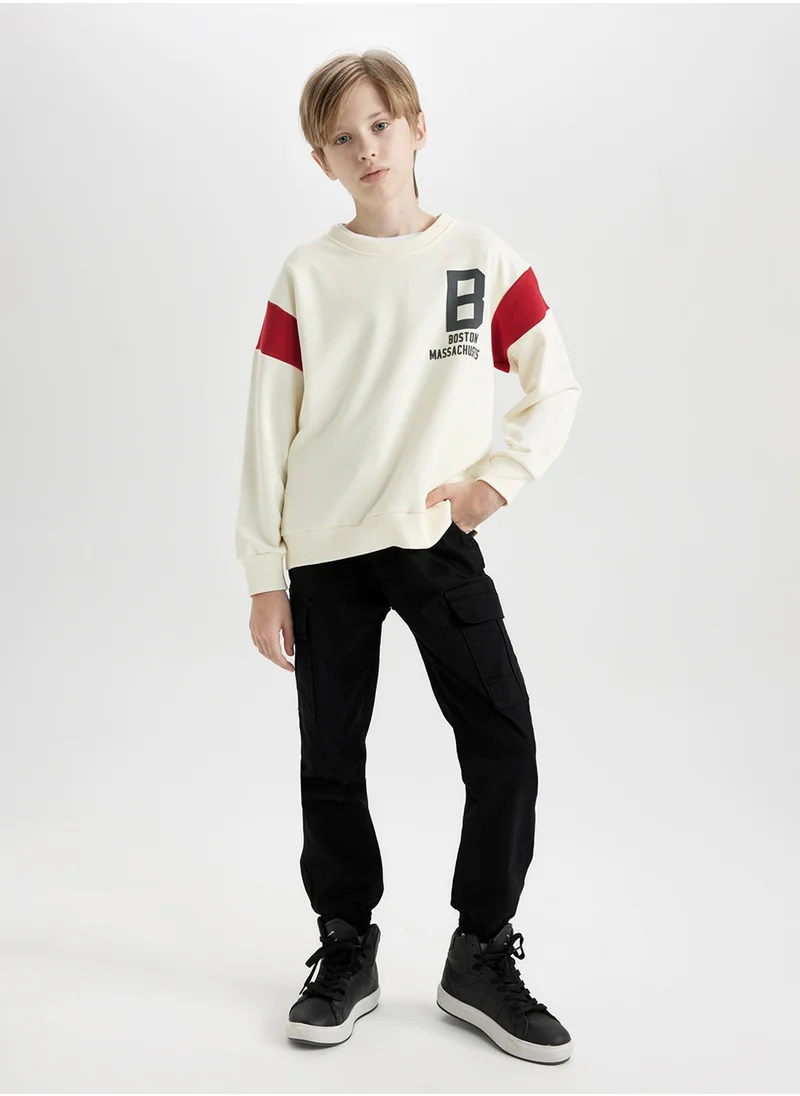 DeFacto Ecru Crew Neck Back Printed Thick Sweatshirt