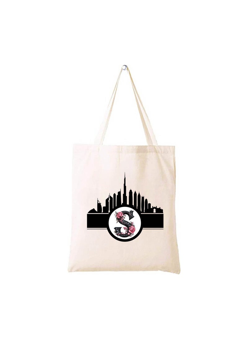 PRINTSHOP4ME Initial Monogram Cotton Tote Bag With Dubai Skyline Theme-Perfect For Reusable Grocery And Travel Bag-Gift For Her-Friends And Family - Image 1