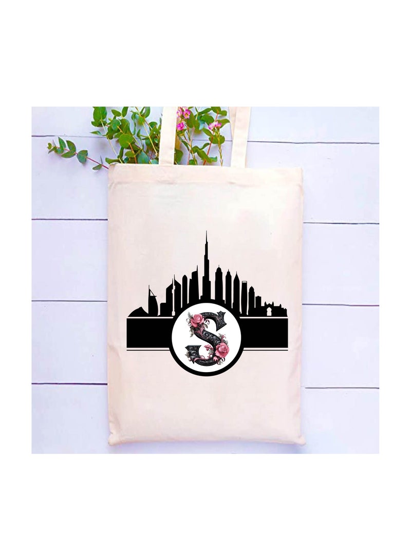 PRINTSHOP4ME Initial Monogram Cotton Tote Bag With Dubai Skyline Theme-Perfect For Reusable Grocery And Travel Bag-Gift For Her-Friends And Family - Image 2