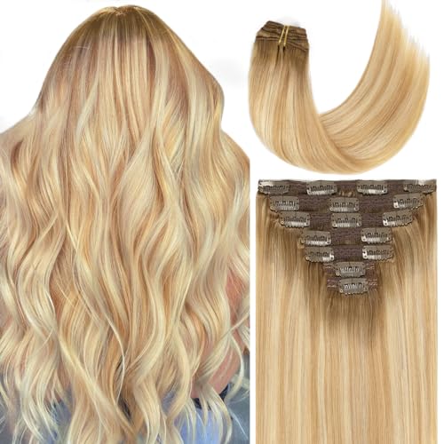 Caliee Hair Extensions Clip in Human Hair 16inch Invisible Double Weft Lace Clip in Hair Extenisons for Full Head 120g Balayage Human Hair Extensions Clip in Remy Hair Extenions Nutural Straight Hair - Image 1