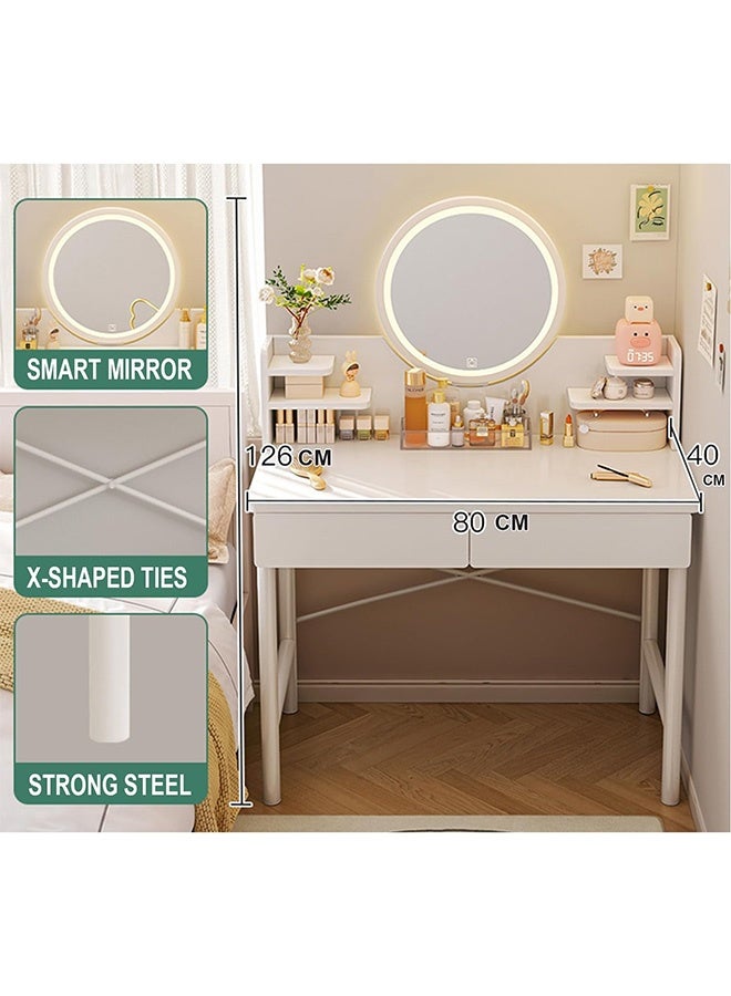 JCB CHIC طاولة زينة مع أضواء، طاولة مكياج مع خزانة تخزين، مرآة للتزيين مع 3 ألوان إضاءة، مكتب مكياج متعدد الوظائف متعدد الوظائف مع درجين للمنزل (RJ80CK) - Image 1