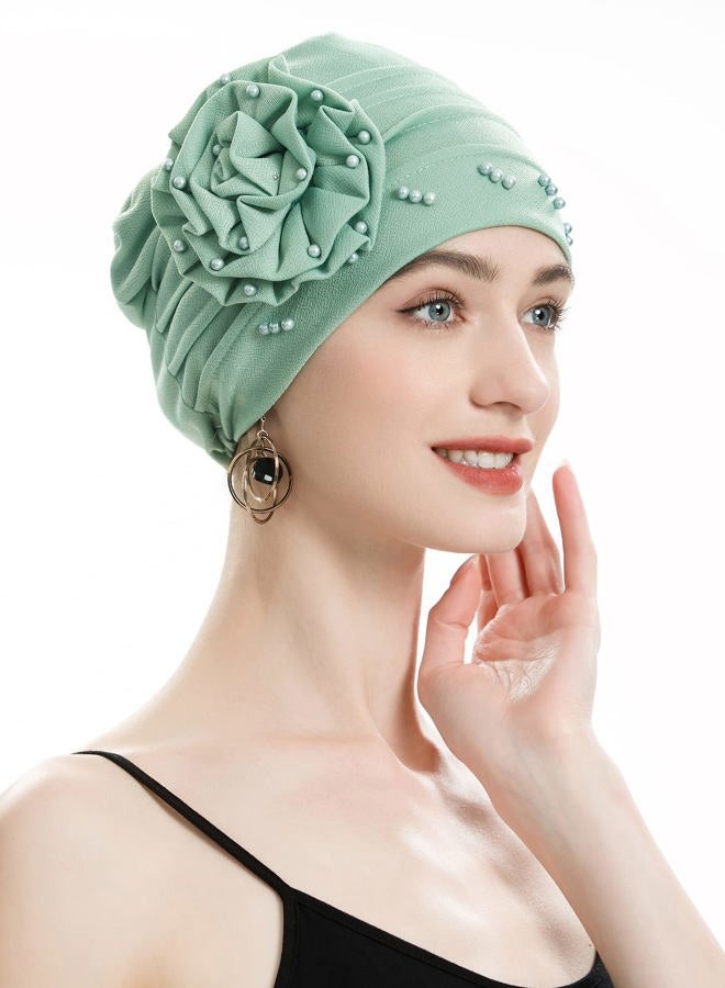 ZLYC Women Turban Beanie Hat with Flower Chemo Headwear Elastic Head Wrap Cap (Flower Mint Green) - Image 4