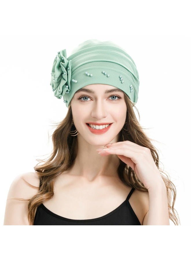 ZLYC Women Turban Beanie Hat with Flower Chemo Headwear Elastic Head Wrap Cap (Flower Mint Green) - Image 2