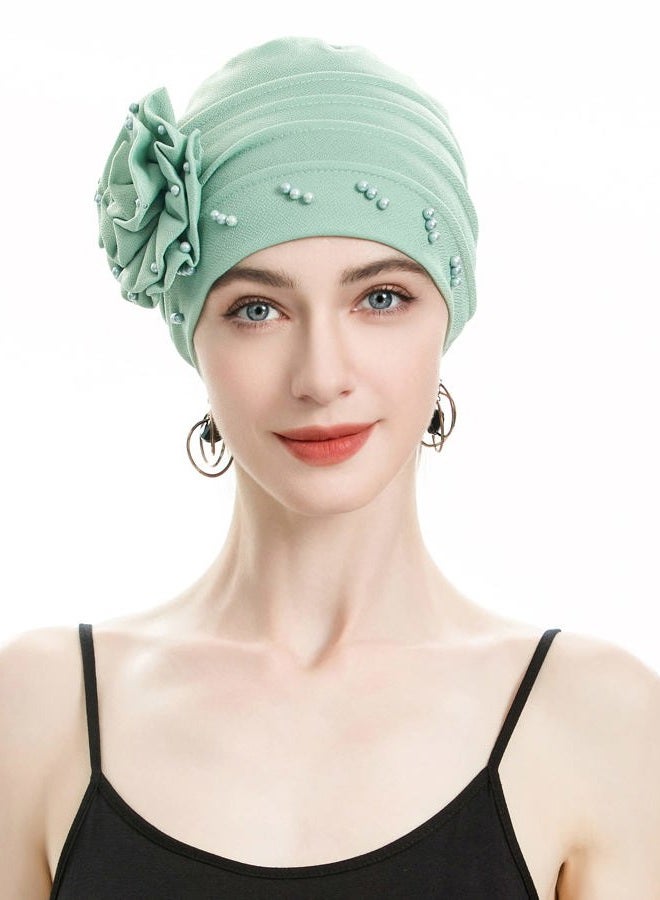 ZLYC Women Turban Beanie Hat with Flower Chemo Headwear Elastic Head Wrap Cap (Flower Mint Green) - Image 3