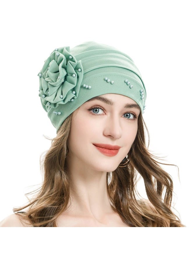 ZLYC Women Turban Beanie Hat with Flower Chemo Headwear Elastic Head Wrap Cap (Flower Mint Green) - Image 1