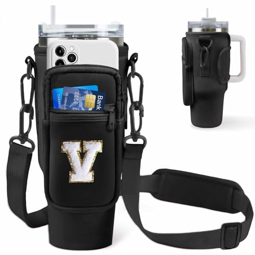 Aganmi Water Bottle Carrier Bag with Phone Pocket for Stanley 40oz Tumbler,Glitter Initial Sport Water Bottle Holder Sling Pouch with Adjustable Strap for Stanley Cup Accessories (Black V) - Image 1