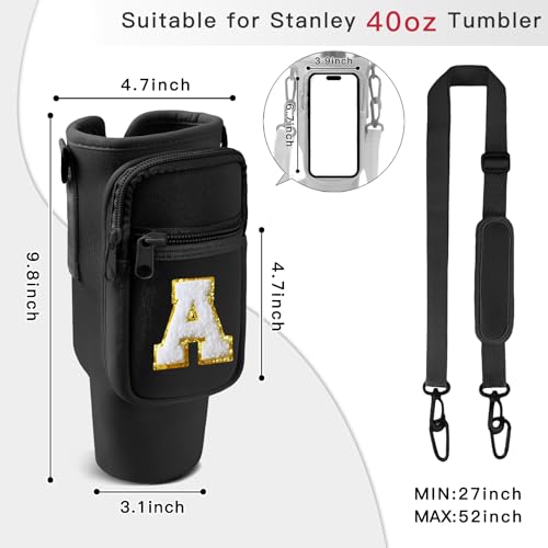 Aganmi Water Bottle Carrier Bag with Phone Pocket for Stanley 40oz Tumbler,Glitter Initial Sport Water Bottle Holder Sling Pouch with Adjustable Strap for Stanley Cup Accessories (Black V) - Image 3
