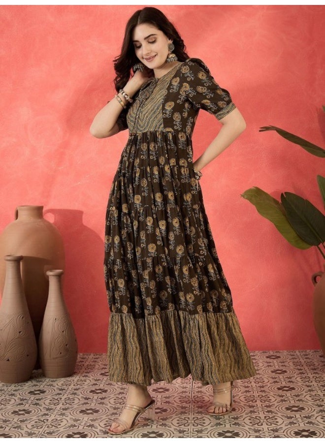AKS Olive Cotton Printed Tiered Flared Maxi Dress  - Image 3