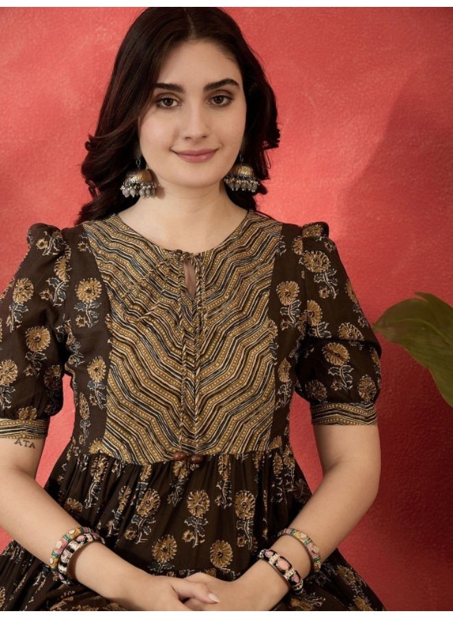 AKS Olive Cotton Printed Tiered Flared Maxi Dress  - Image 2