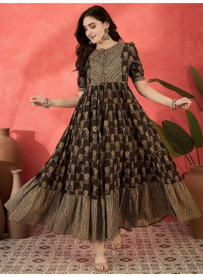AKS Olive Cotton Printed Tiered Flared Maxi Dress  - Image 1
