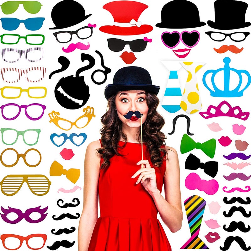 Gejoy 60 Pieces Photo Booth Props DIY Kit Graduation Funny Selfie Props Accessories for Wedding Prom Party Supplies Favors with Mustache on a Stick Hats Glasses Mouth Bowler Bowties