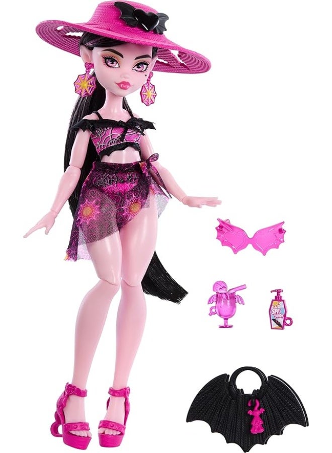 MONSTER HIGH Scare-Adise Island Draculaura Doll With Swimsuit, Sarong And Beach Accessories Like Hat, Sunscreen, And Tote  - Image 2
