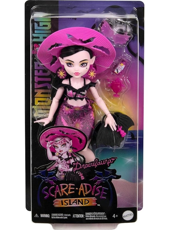 MONSTER HIGH Scare-Adise Island Draculaura Doll With Swimsuit, Sarong And Beach Accessories Like Hat, Sunscreen, And Tote  - Image 1